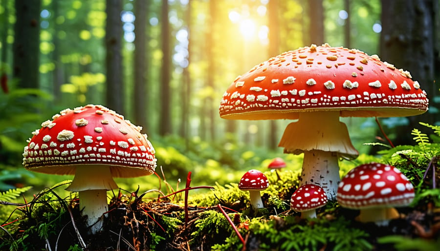 A scenic view of British Columbia's lush forests with amanita muscaria mushrooms in the foreground and indigenous symbols subtly overlaid, highlighting the connection between nature, tradition, and wellness.