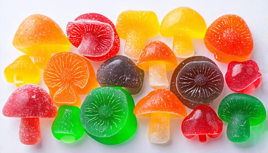 A selection of various mushroom gummies, showcasing their diverse shapes and colors