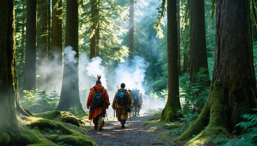 A serene landscape in British Columbia where indigenous guides lead tourists through ancient forests, with wisps of vape smoke blending with the natural mist and sunlight, illustrating the harmony between modern vaping culture and indigenous wellness traditions.