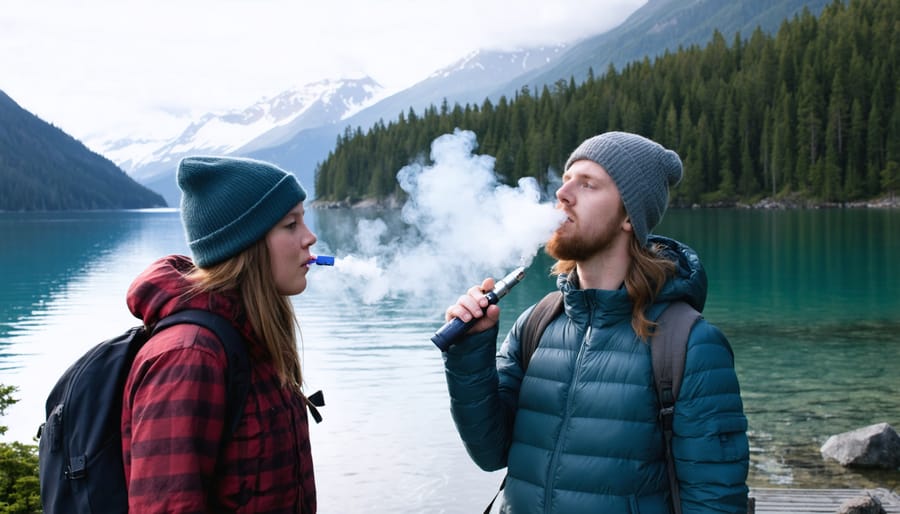 Tourists vaping in an outdoor setting with a scenic backdrop of British Columbia